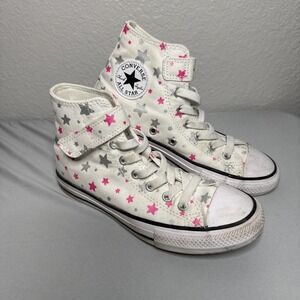 Converse Chuck Taylor Hi Sneakers White Pink Stars Canvas Shoes Kid Youth 2.5